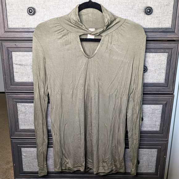 Small Olive Green Twist Neck Long Sleeve Top - Picture 2 of 2